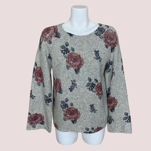 Lucky Brand Gray Floral Wool Blend Knit Bell Sleeve Sweater Medium